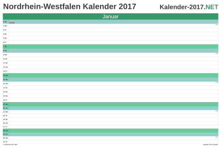 Vorschau Monatskalender 2017 für EXCEL Nordrhein-Westfalen