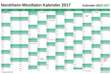 Vorschau Kalender 2017 für EXCEL mit Feiertagen Nordrhein-Westfalen