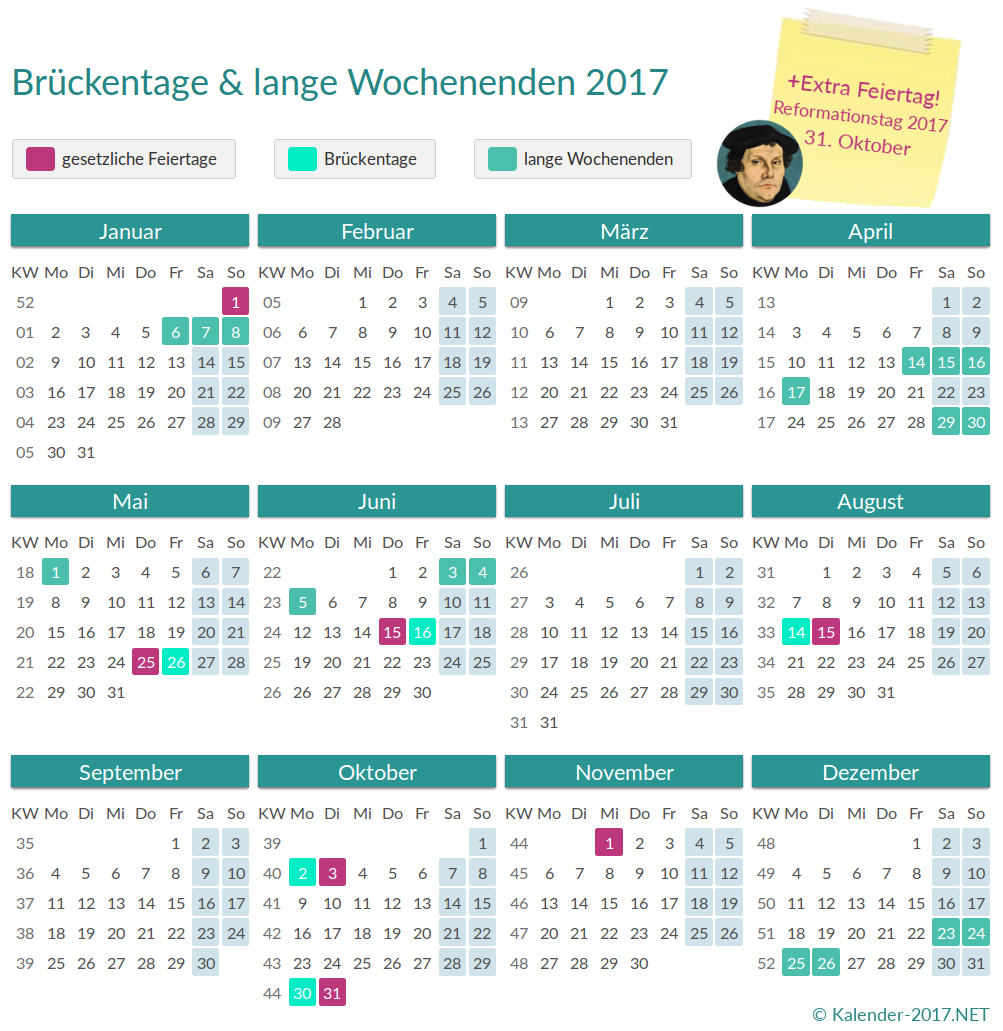Kalender 2017 mit Reformationstag, Brückentagen und langen Wochenenden