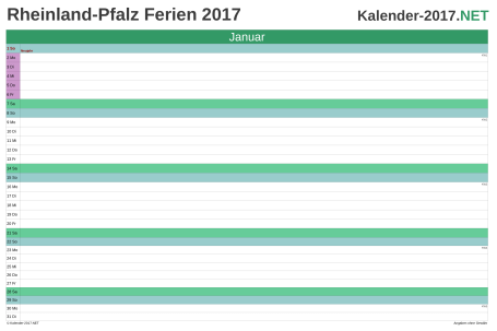 Vorschau EXCEL-Monatskalender 2017 mit den Ferien Rheinland-Pfalz