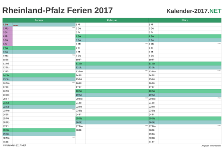 Quartalskalender mit Ferien Rheinland-Pfalz 2017 Vorschau