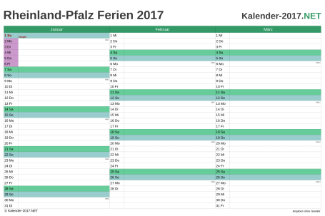 Vorschau EXCEL-Quartalskalender 2017 mit den Ferien Rheinland-Pfalz