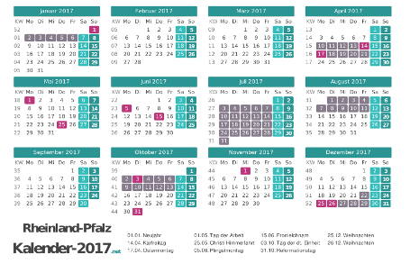 Kalender mit Ferien Rheinland-Pfalz 2017 Vorschau