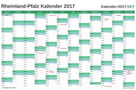 Vorschau Kalender 2017 für EXCEL mit Feiertagen Rheinland-Pfalz