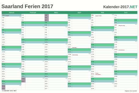 Halbjahreskalender mit Ferien Saarland 2017 Vorschau