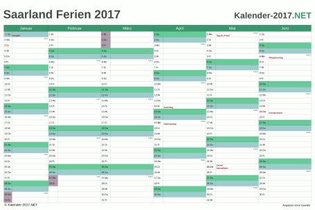 Halbjahreskalender 2017 zum Ausdrucken zum Ausdrucken - mit FerienSaarland Vorschau