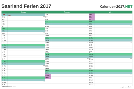 Quartalskalender mit Ferien Saarland 2017 Vorschau