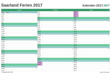 Vorschau EXCEL-Quartalskalender 2017 mit den Ferien Saarland