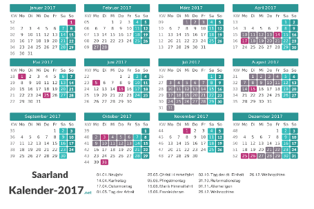 Ferien 2017 + Feiertage zum Ausdrucken - Saarland Vorschau