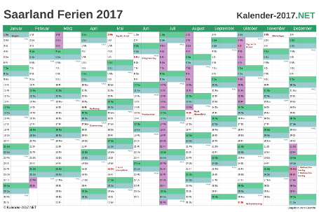 Kalender mit Ferien Saarland 2017 Vorschau