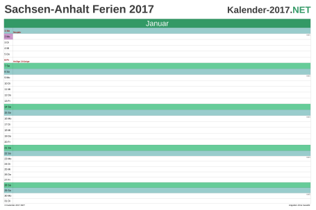 Vorschau EXCEL-Monatskalender 2017 mit den Ferien Sachsen-Anhalt
