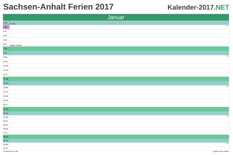 Monatskalender 2017 zum Ausdrucken zum Ausdrucken - mit FerienSachsen-Anhalt Vorschau