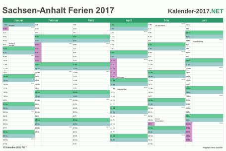 Halbjahreskalender mit Ferien Sachsen-Anhalt 2017 Vorschau
