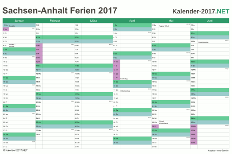 Halbjahreskalender 2017 zum Ausdrucken zum Ausdrucken - mit FerienSachsen-Anhalt Vorschau