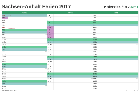Quartalskalender mit Ferien Sachsen-Anhalt 2017 Vorschau