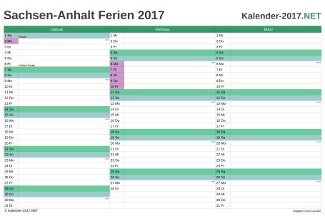 Quartalskalender 2017 zum Ausdrucken zum Ausdrucken - mit FerienSachsen-Anhalt Vorschau