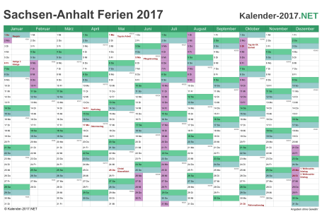 Vorschau EXCEL-Kalender 2017 mit den Ferien Sachsen-Anhalt
