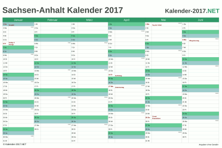 Vorschau Halbjahreskalender 2017 für EXCEL Sachsen-Anhalt