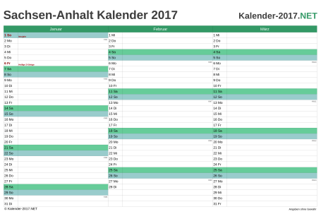 Vorschau Quartalskalender 2017 für EXCEL Sachsen-Anhalt
