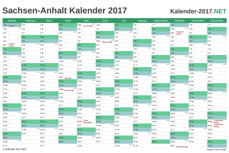 Vorschau Kalender 2017 für EXCEL mit Feiertagen Sachsen-Anhalt