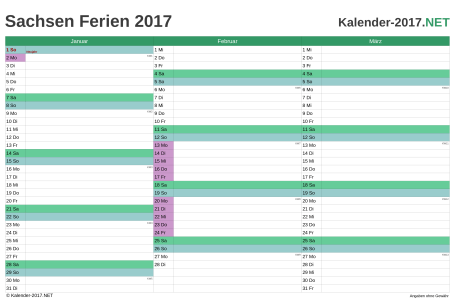 Quartalskalender 2017 zum Ausdrucken zum Ausdrucken - mit FerienSachsen Vorschau