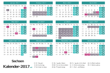 Kalender mit Ferien Sachsen 2017 Vorschau