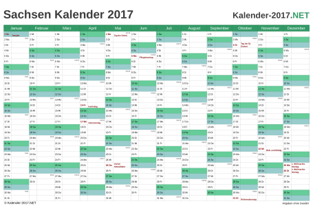 Vorschau Kalender 2017 für EXCEL mit Feiertagen Sachsen