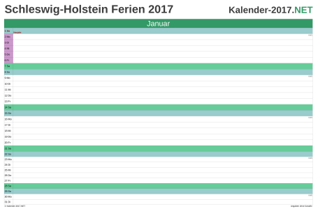Monatskalender 2017 zum Ausdrucken zum Ausdrucken - mit FerienSchleswig-Holstein Vorschau