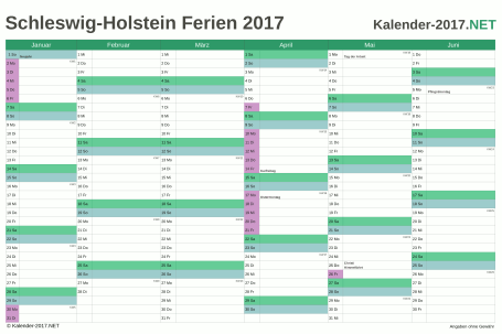 Halbjahreskalender 2017 zum Ausdrucken zum Ausdrucken - mit FerienSchleswig-Holstein Vorschau