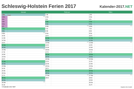 Quartalskalender 2017 zum Ausdrucken zum Ausdrucken - mit FerienSchleswig-Holstein Vorschau