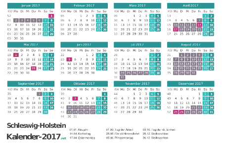 Kalender mit Ferien Schleswig-Holstein 2017 Vorschau