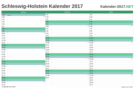 Vorschau Quartalskalender 2017 für EXCEL Schleswig-Holstein