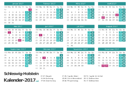 Schleswig-Holstein Kalender 2017 + Feiertage Vorschau