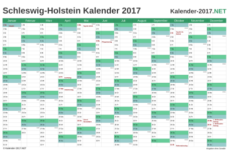 Vorschau Kalender 2017 für EXCEL mit Feiertagen Schleswig-Holstein