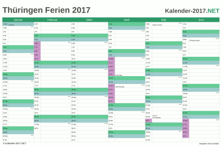 Halbjahreskalender mit Ferien Thüringen 2017 Vorschau