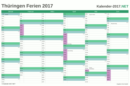 Halbjahreskalender 2017 zum Ausdrucken zum Ausdrucken - mit FerienThüringen Vorschau