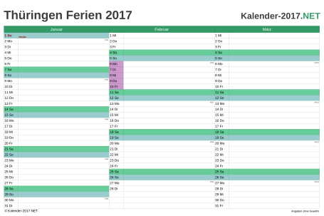 Quartalskalender mit Ferien Thüringen 2017 Vorschau