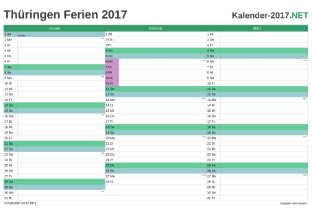 Quartalskalender 2017 zum Ausdrucken zum Ausdrucken - mit FerienThüringen Vorschau