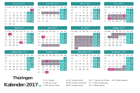 Ferien 2017 + Feiertage zum Ausdrucken - Thüringen Vorschau