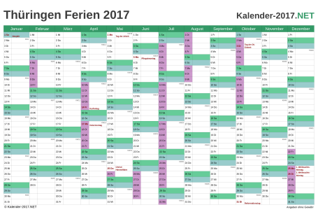 Vorschau EXCEL-Kalender 2017 mit den Ferien Thüringen