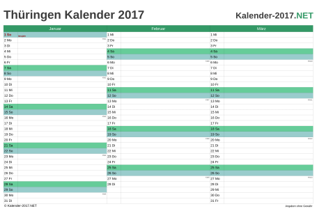 Vorschau Quartalskalender 2017 für EXCEL Thüringen