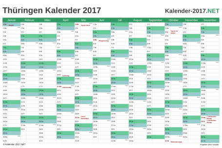 Vorschau Kalender 2017 für EXCEL mit Feiertagen Thüringen